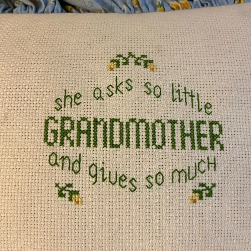 Vintage‎ cross stitch pillow “Grandmother” 16x13 blue yellow country cottage